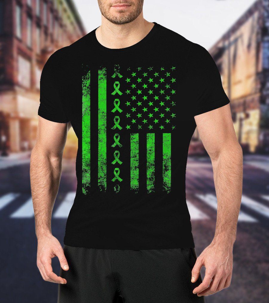 Green Ribbon US Flag Cerebral Palsy Awareness T-Shirt