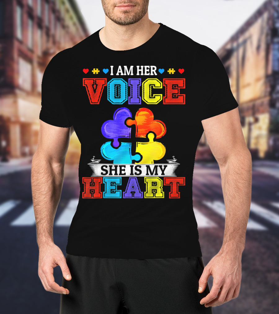 I Am Her Voice She Is My Heart Autism Puzzle Pieces T-Shirt