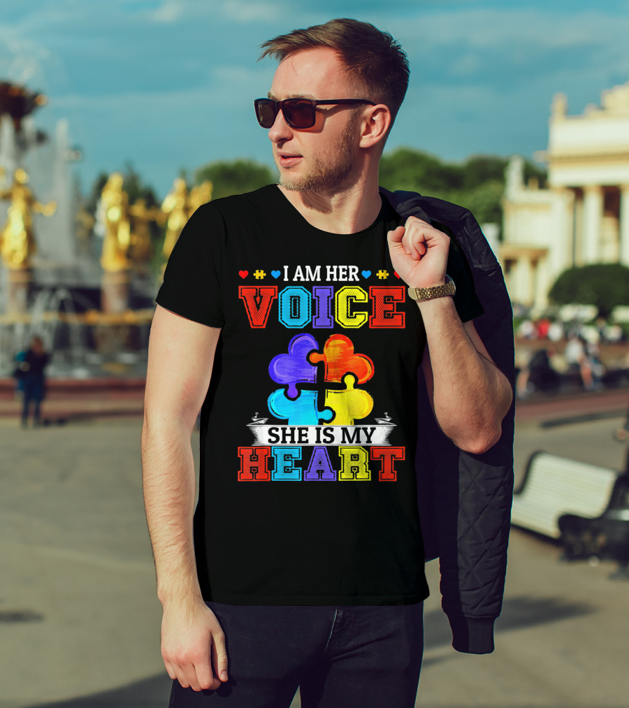 I Am Her Voice She Is My Heart Autism Puzzle Pieces T-Shirt