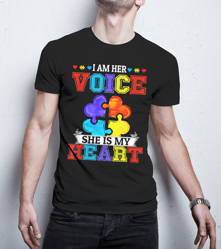 I Am Her Voice She Is My Heart Autism Puzzle Pieces T-Shirt