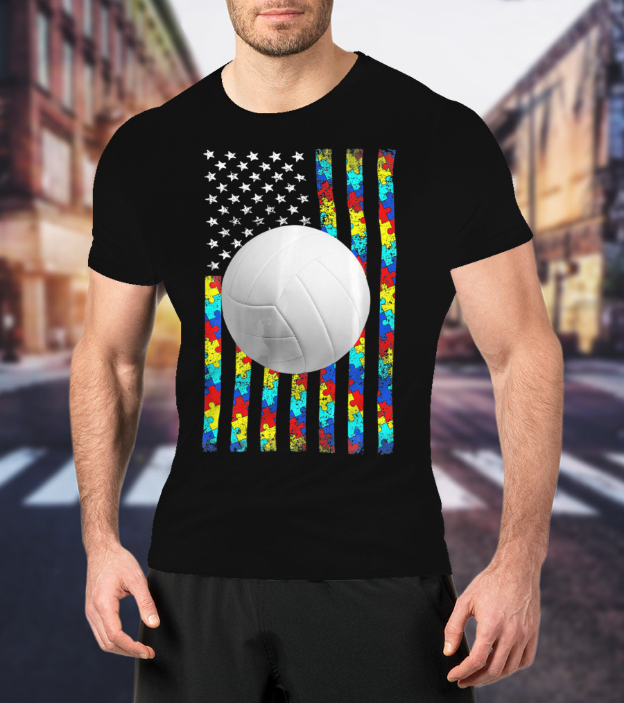Autism Awareness Puzzle Flag Volleyball American Flag T-Shirt