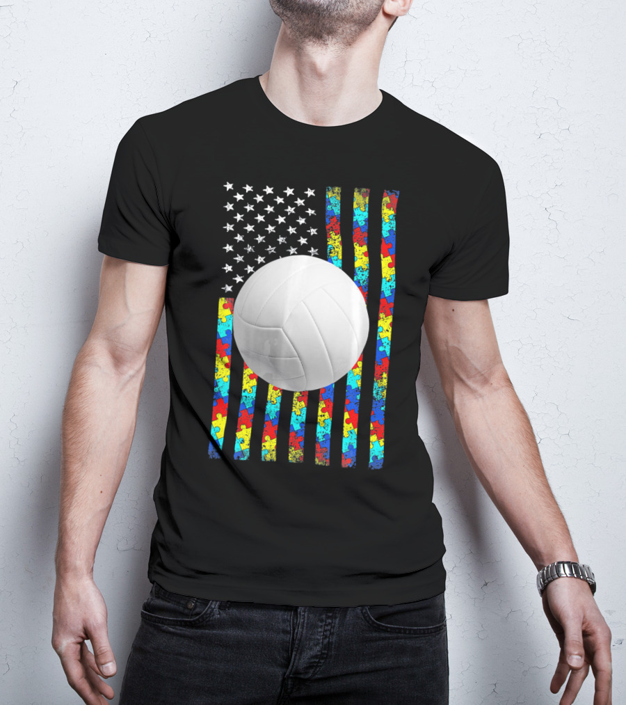 Autism Awareness Puzzle Flag Volleyball American Flag T-Shirt