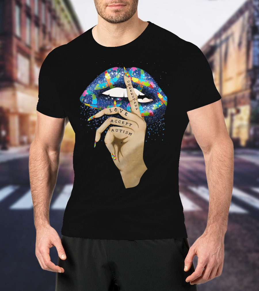 Love Understand Accept Autism Finger On Lips With Puzzle T-Shirt