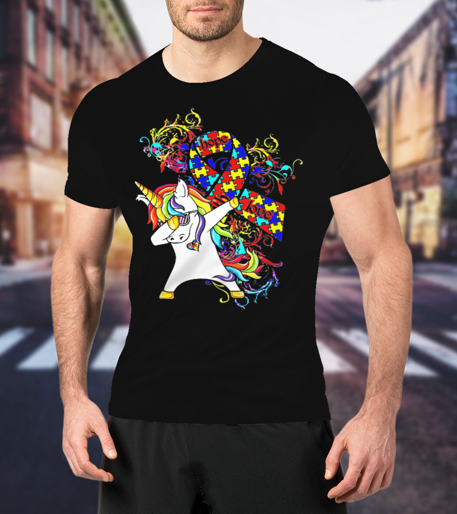Unicorn Dabbing Hope Love Autism Awareness Puzzle T-Shirt