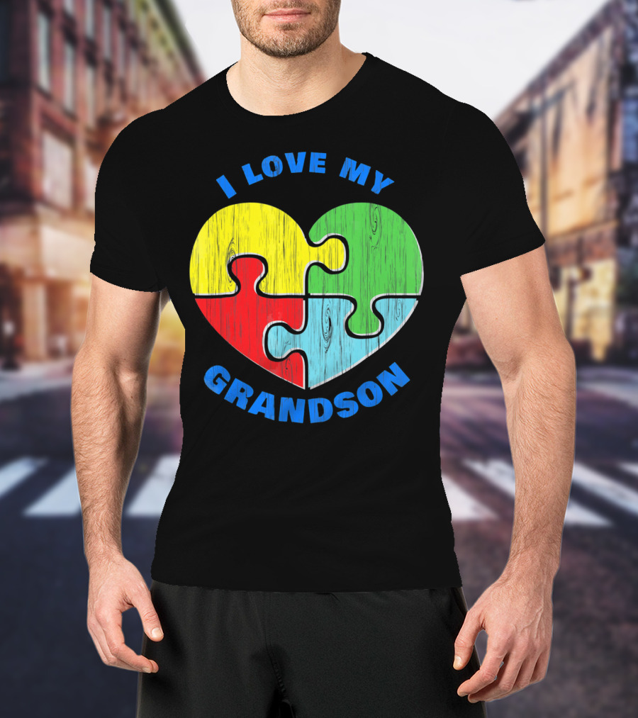 I Love My Grandson Puzzle Heart Autism Support T-Shirt