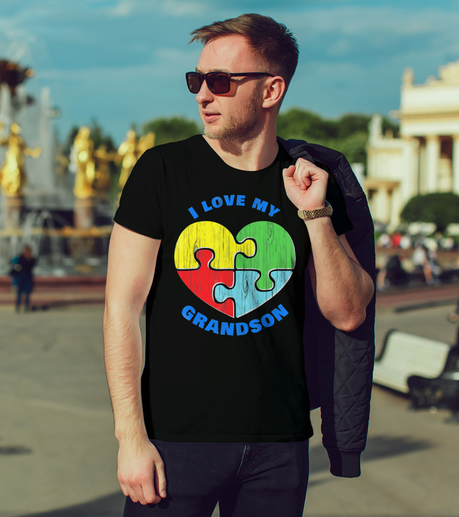 I Love My Grandson Puzzle Heart Autism Support T-Shirt