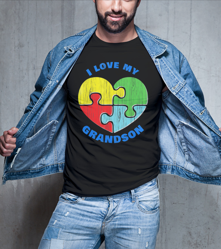 I Love My Grandson Puzzle Heart Autism Support T-Shirt