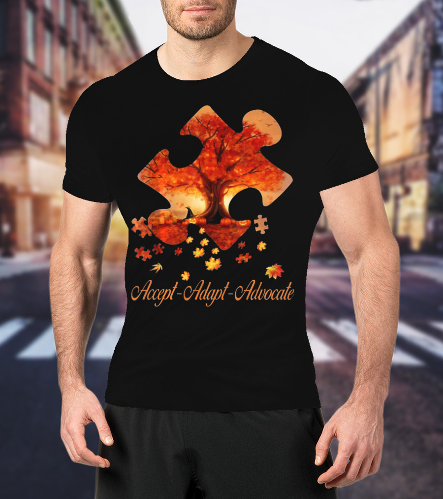 Accept Adapt Advocate Puzzle Autumn Leaves Autism Awareness T-Shirt