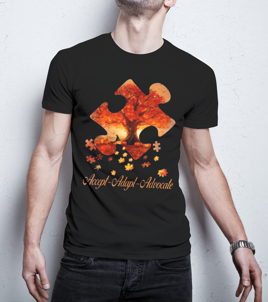 Accept Adapt Advocate Puzzle Autumn Leaves Autism Awareness T-Shirt