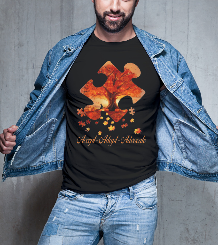 Accept Adapt Advocate Puzzle Autumn Leaves Autism Awareness T-Shirt