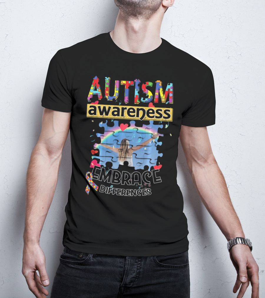 Autism Awareness Embrace Differences Puzzle Piece Rainbow T-Shirt