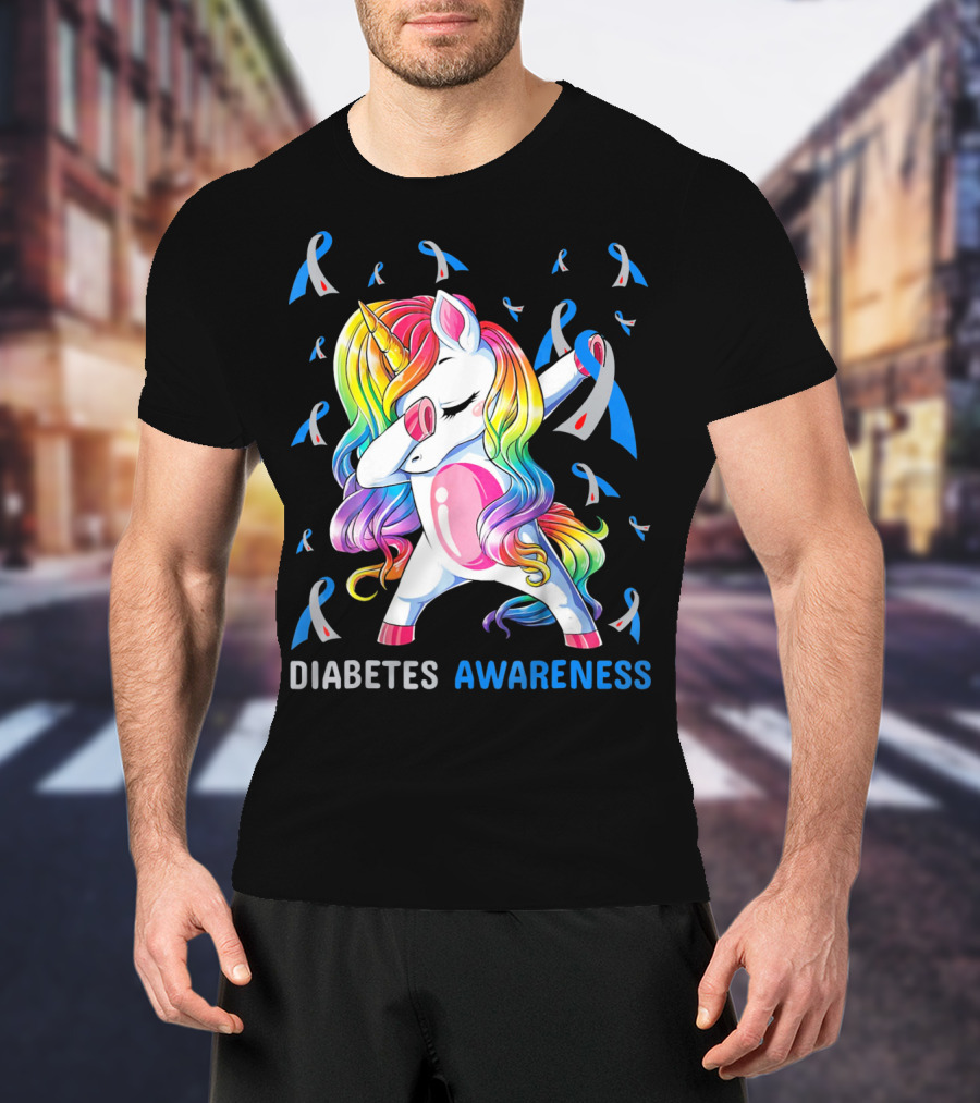 Diabetes Awareness Unicorn With Colorful Dabbing Pose And Ribbons T-Shirt