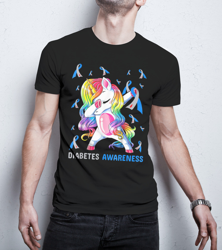 Diabetes Awareness Unicorn With Colorful Dabbing Pose And Ribbons T-Shirt