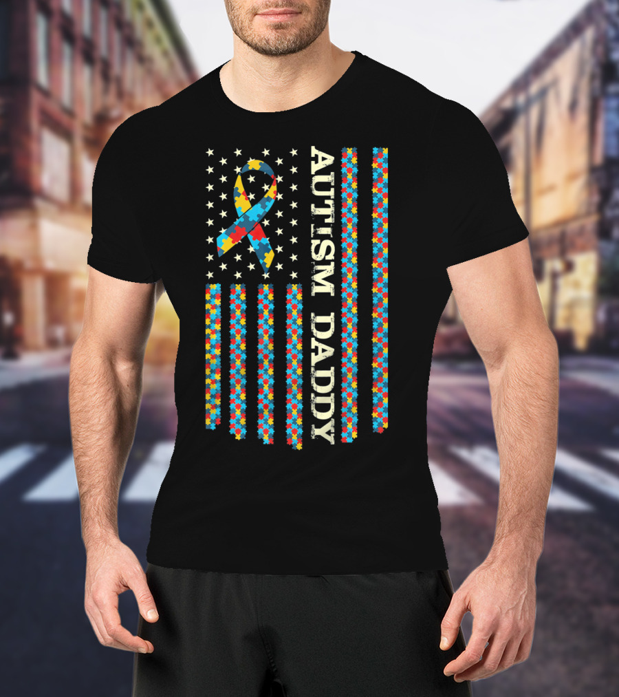 Autism Awareness Proud Autism Daddy Vintage Puzzle Ribbon Flag T-Shirt