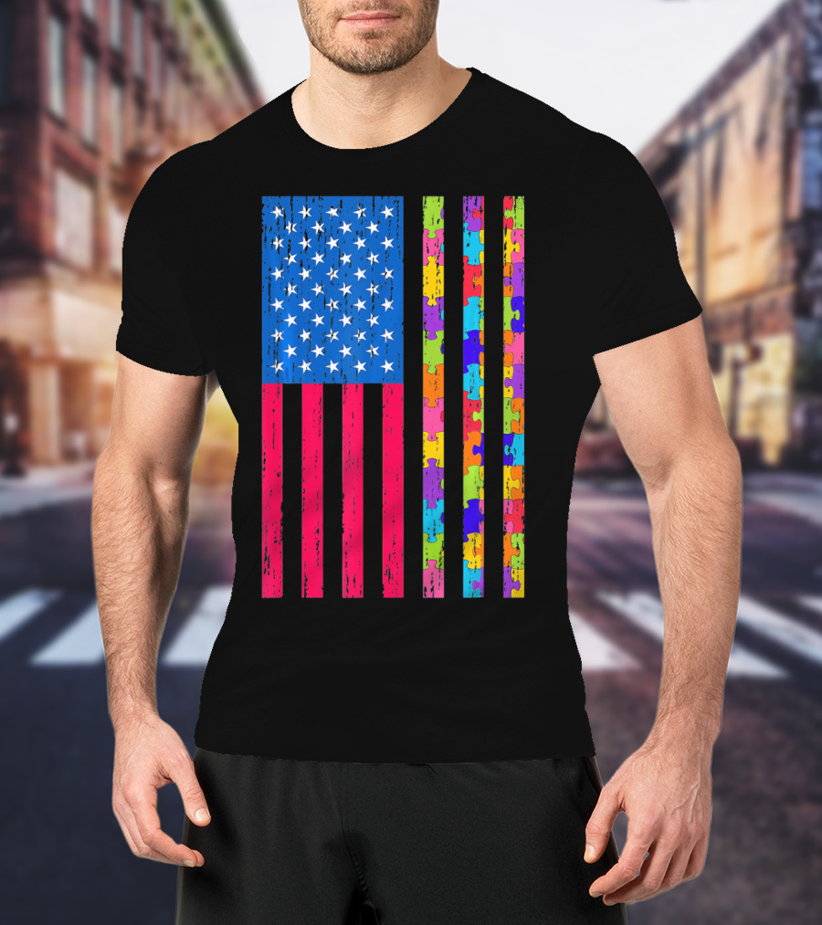Autism Puzzle Piece American Flag USA T-Shirt