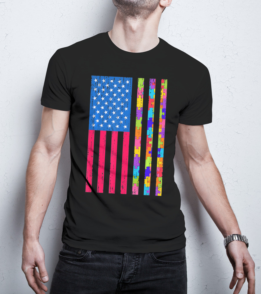 Autism Puzzle Piece American Flag USA T-Shirt