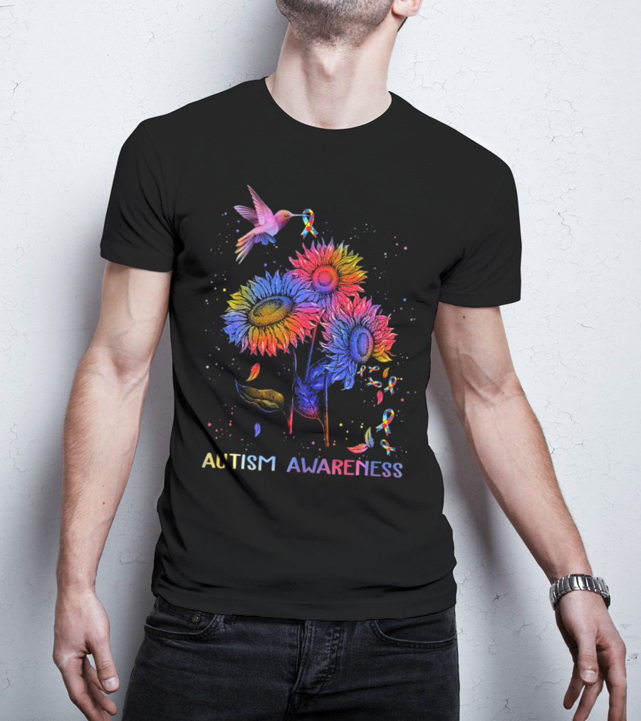 Autism Awareness Colorful Hummingbird And Sunflowers With Ribbons T-Shirt