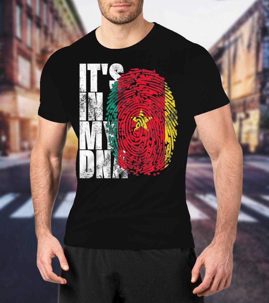IT'S IN MY DNA Cameroonian Afro American Flag Fingerprint T-Shirt
