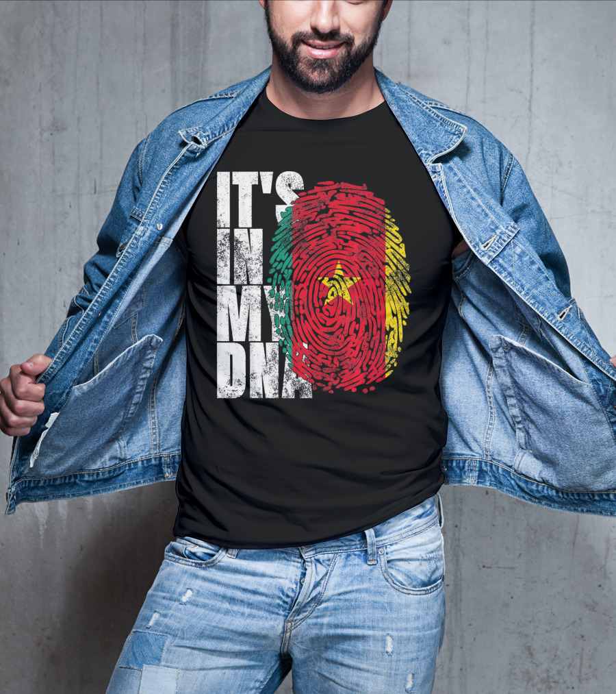 IT'S IN MY DNA Cameroonian Afro American Flag Fingerprint T-Shirt