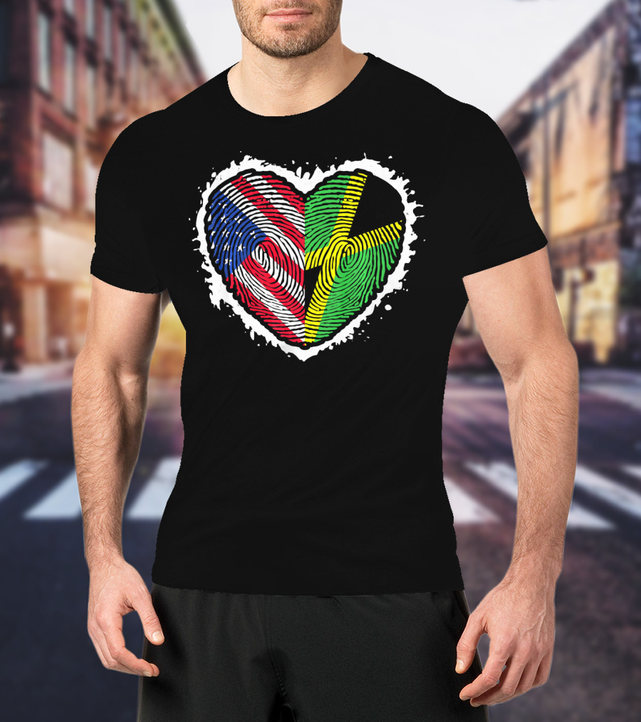 Fingerprint DNA Heart Love Jamaica USA Flag T-Shirt