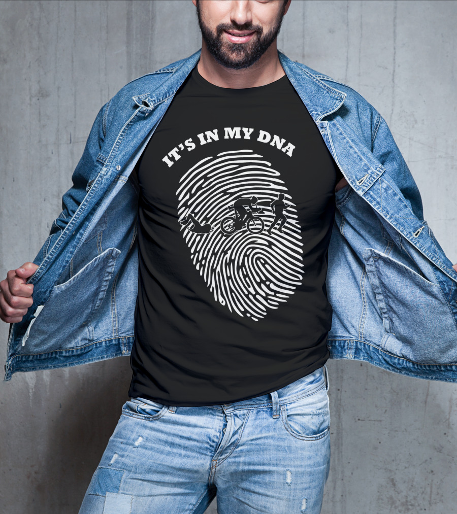 IT'S IN MY DNA Triathlon Triathlete Fingerprint Swim Bike Run T-Shirt
