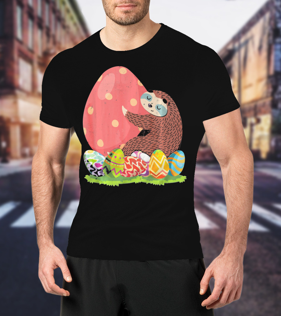 Girls Sloth Easter Women Funny Easter Egg Hug T-Shirt