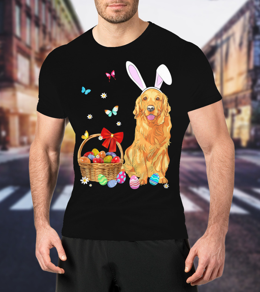Golden Retriever Bunny Ears Easter Eggs Basket Butterflies T-Shirt