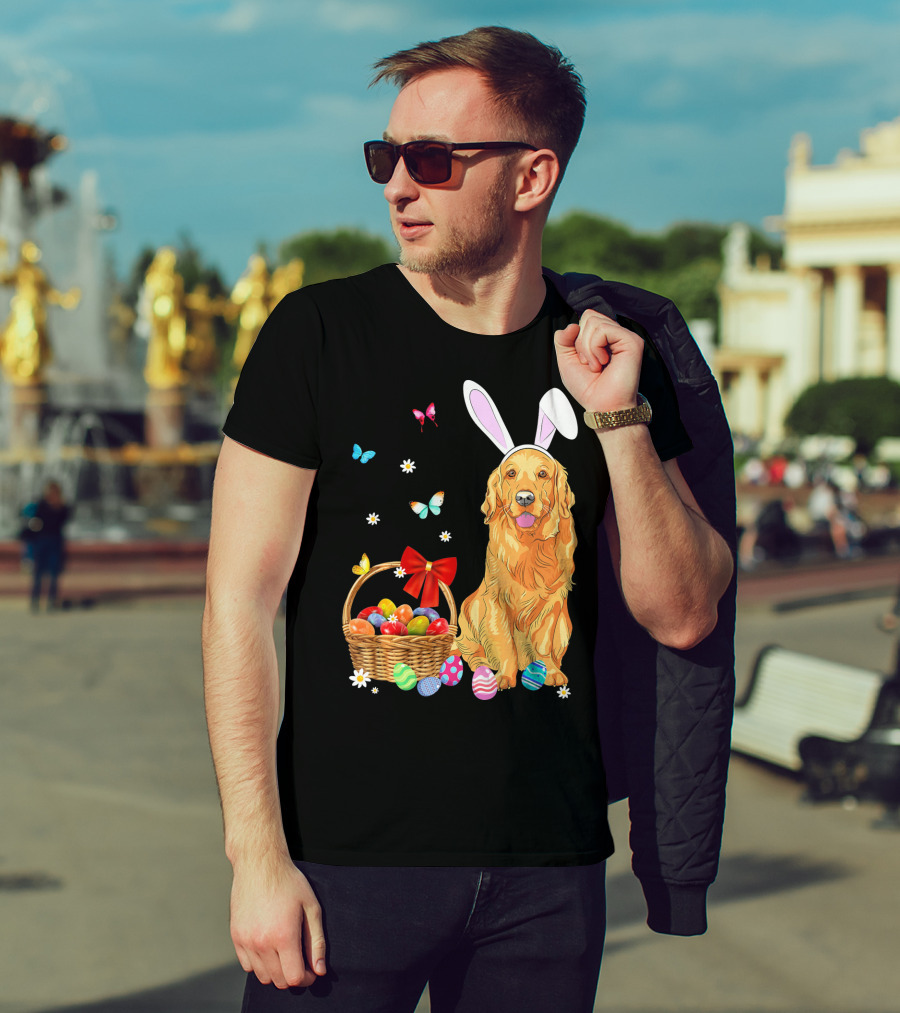 Golden Retriever Bunny Ears Easter Eggs Basket Butterflies T-Shirt