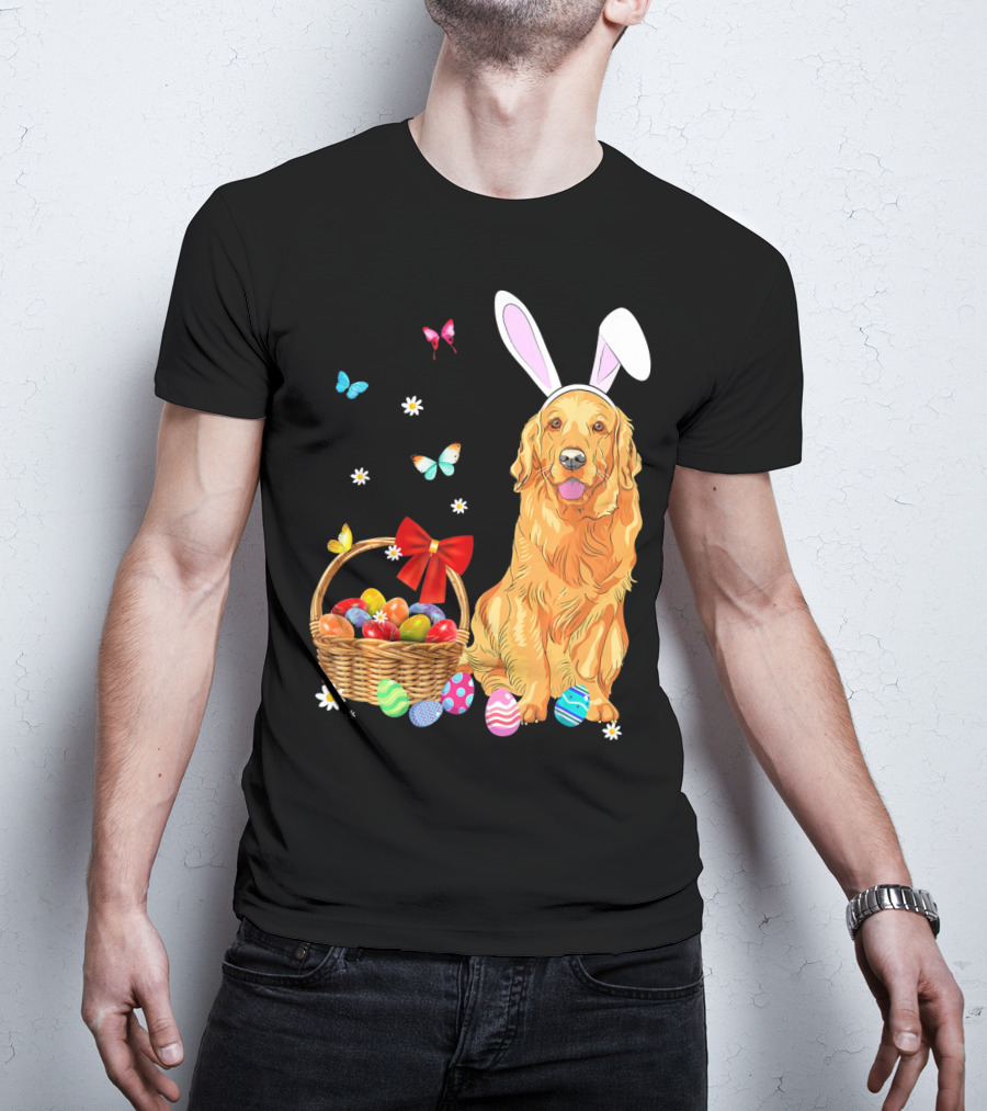 Golden Retriever Bunny Ears Easter Eggs Basket Butterflies T-Shirt