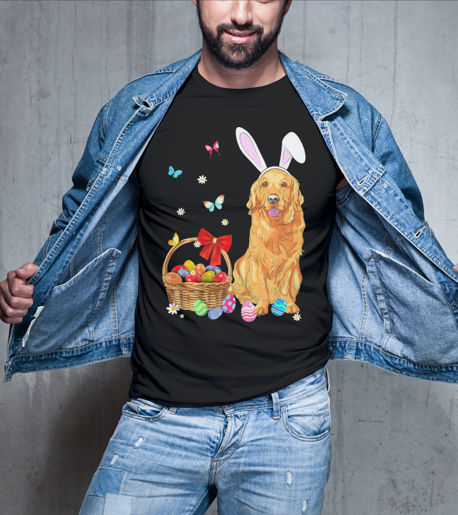 Golden Retriever Bunny Ears Easter Eggs Basket Butterflies T-Shirt