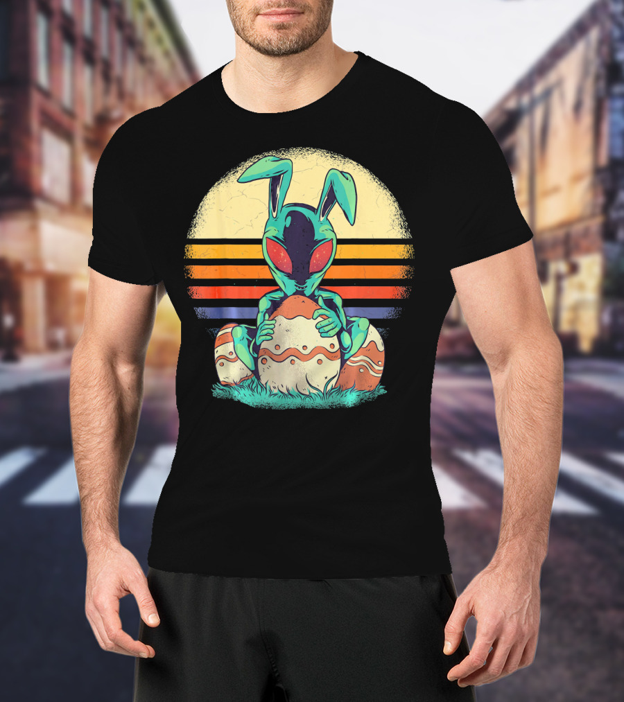 Easter Alien With Bunny Ears Holding Egg Sunset Stripes T-Shirt