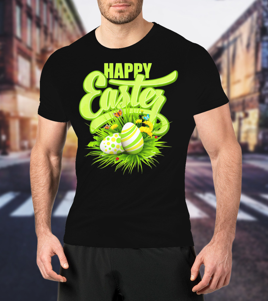 Happy Easter Eggs Green Spring Flowers Butterflies T-Shirt