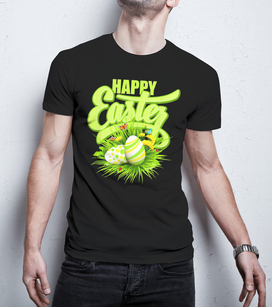 Happy Easter Eggs Green Spring Flowers Butterflies T-Shirt