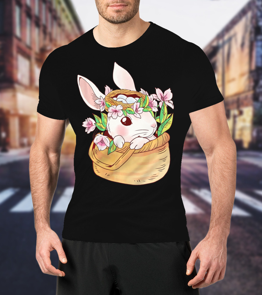 Cute Easter Bunny Girl Floral Basket T-Shirt