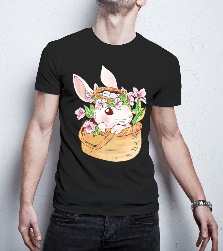 Cute Easter Bunny Girl Floral Basket T-Shirt