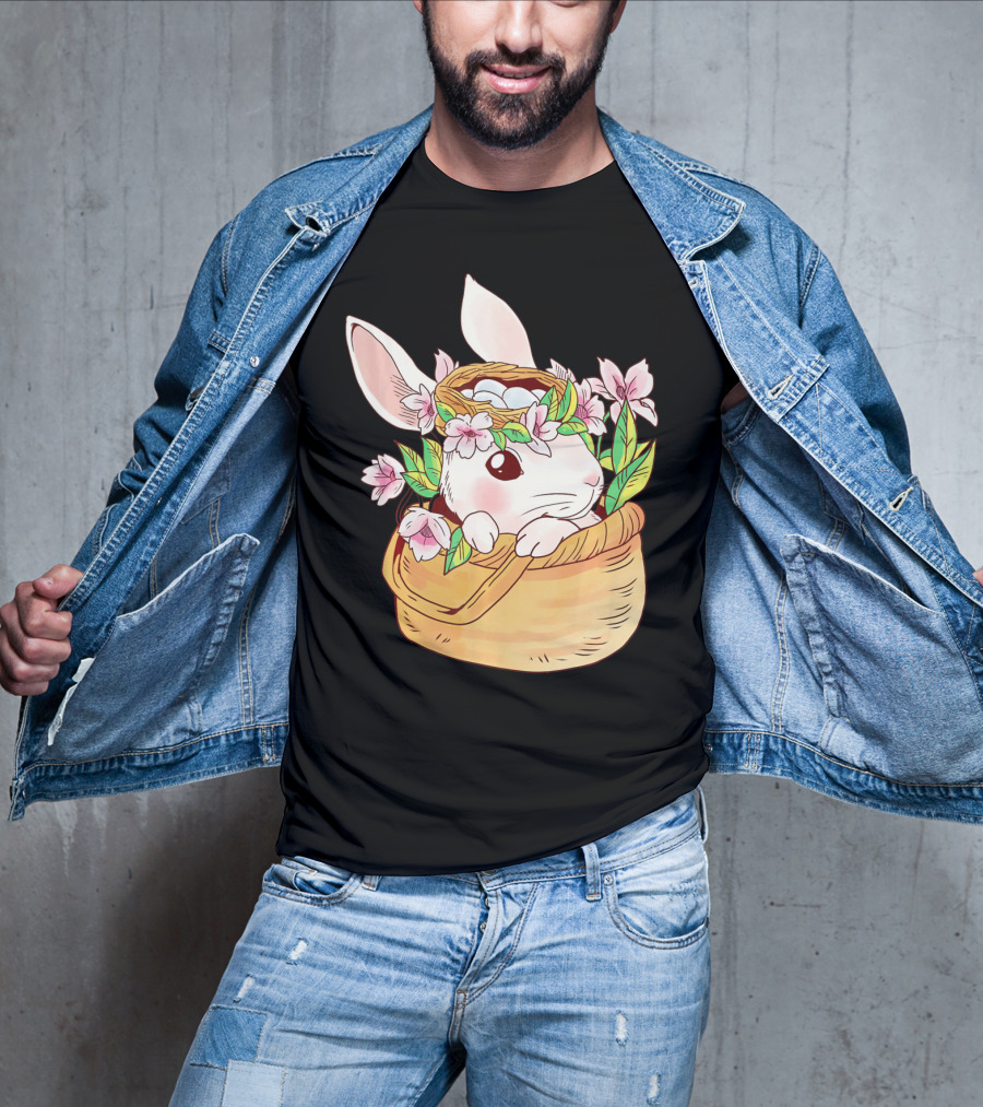 Cute Easter Bunny Girl Floral Basket T-Shirt