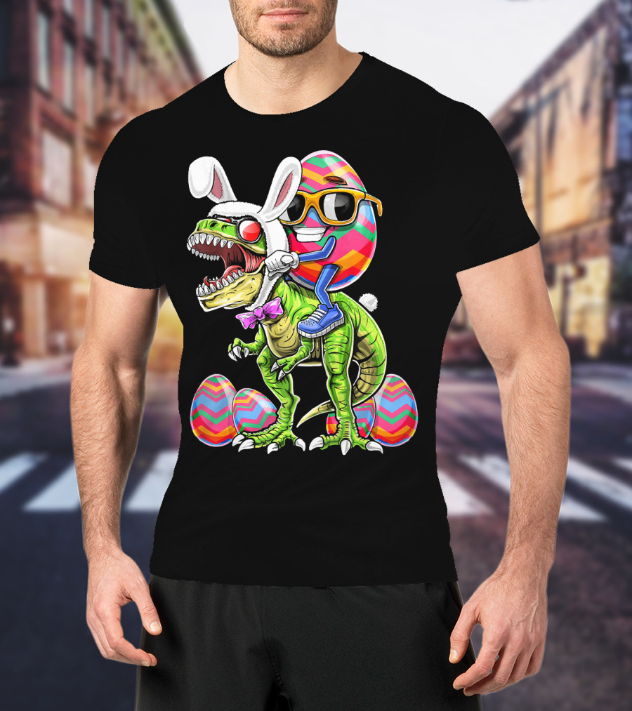 Easter Bunny Dinosaur With Egg Rabbit Ears And Sunglasses T-Shirt