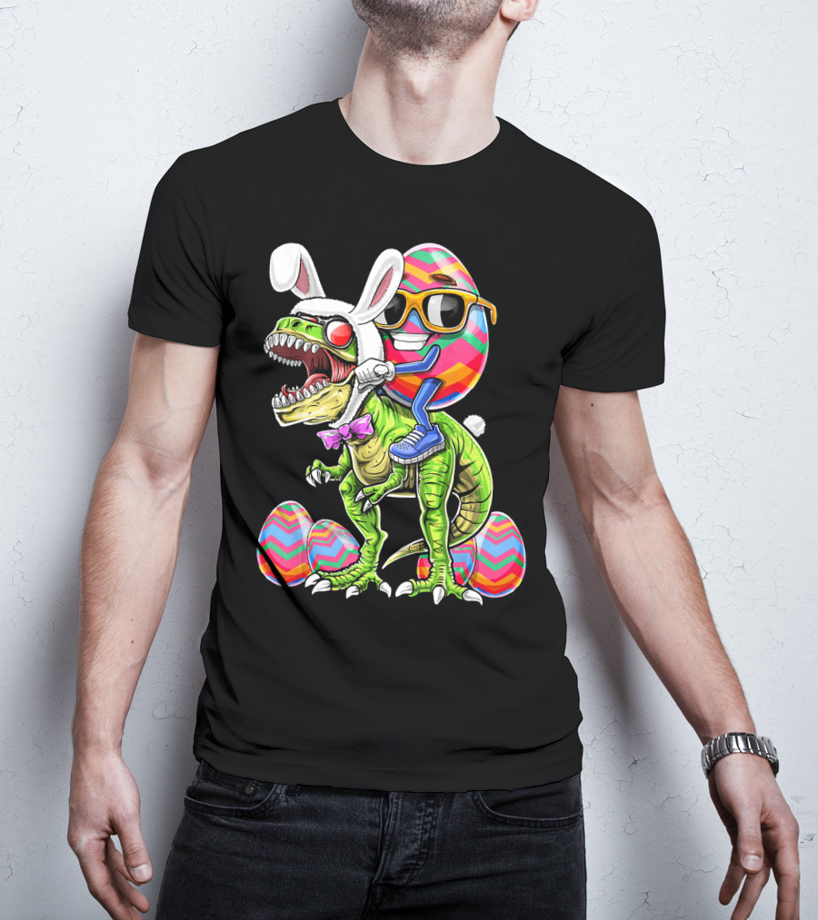 Easter Bunny Dinosaur With Egg Rabbit Ears And Sunglasses T-Shirt