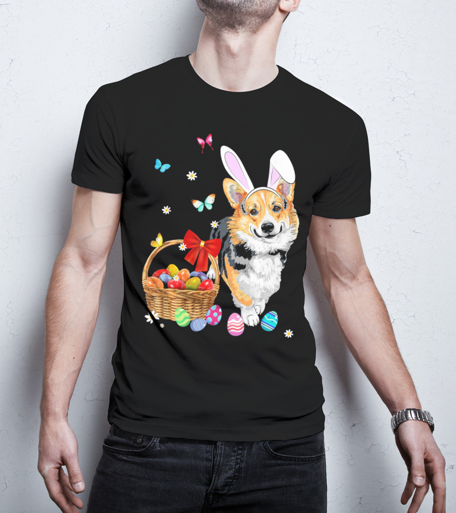 Welsh Corgi Bunny Ear Rabbit Easter Eggs Basket Butterflies T-Shirt