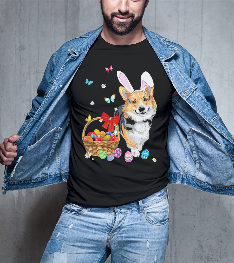 Welsh Corgi Bunny Ear Rabbit Easter Eggs Basket Butterflies T-Shirt