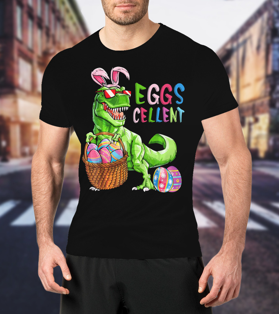 EGGS-cellent Green Dinosaur With Bunny Ears And Easter Eggs T-Shirt