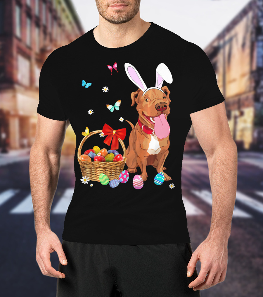 Pitbull With Bunny Ears And Easter Eggs Basket With Butterflies And Flowers T-Shirt