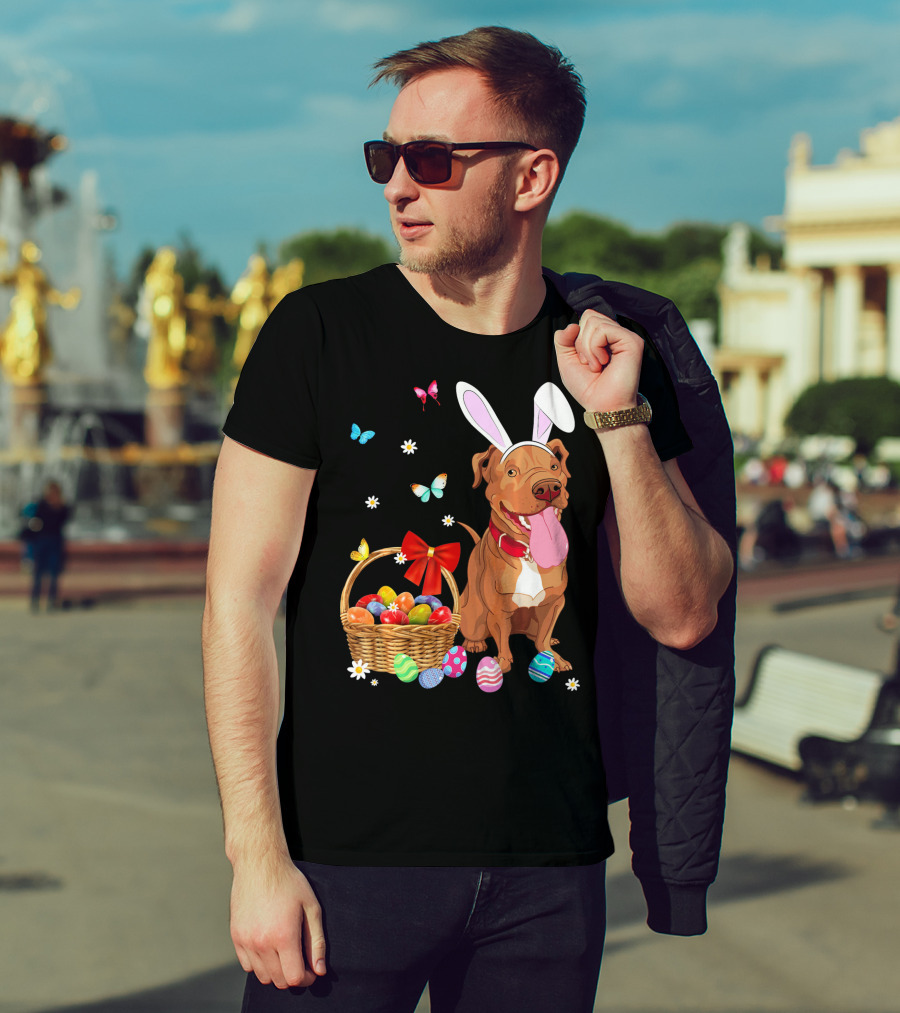 Pitbull With Bunny Ears And Easter Eggs Basket With Butterflies And Flowers T-Shirt