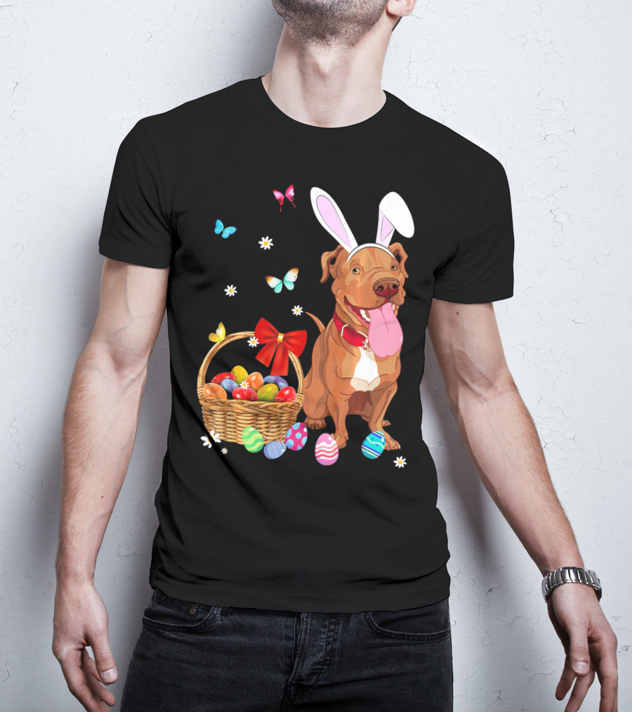 Pitbull With Bunny Ears And Easter Eggs Basket With Butterflies And Flowers T-Shirt