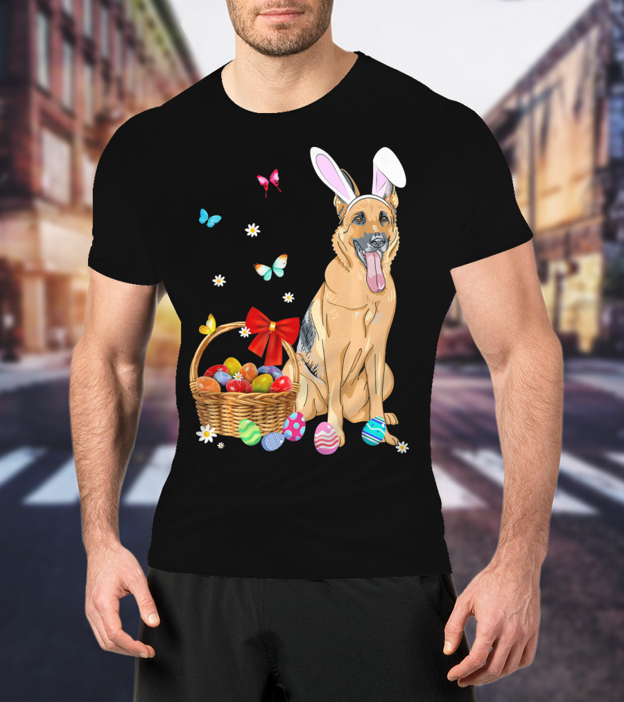 German Shepherd Bunny Ears Rabbit Easter Eggs Basket Butterflies T-Shirt