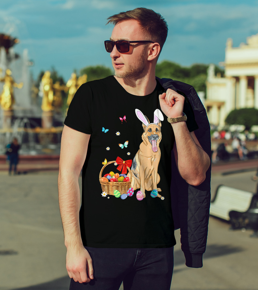 German Shepherd Bunny Ears Rabbit Easter Eggs Basket Butterflies T-Shirt