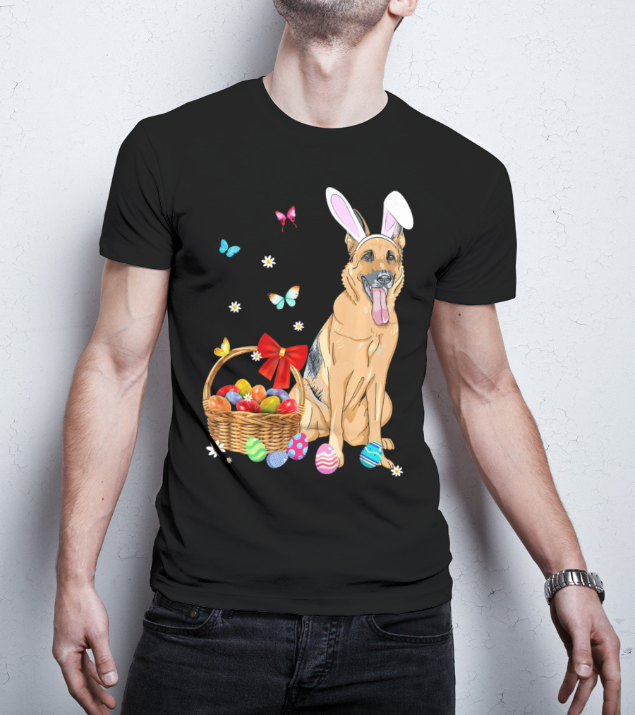 German Shepherd Bunny Ears Rabbit Easter Eggs Basket Butterflies T-Shirt