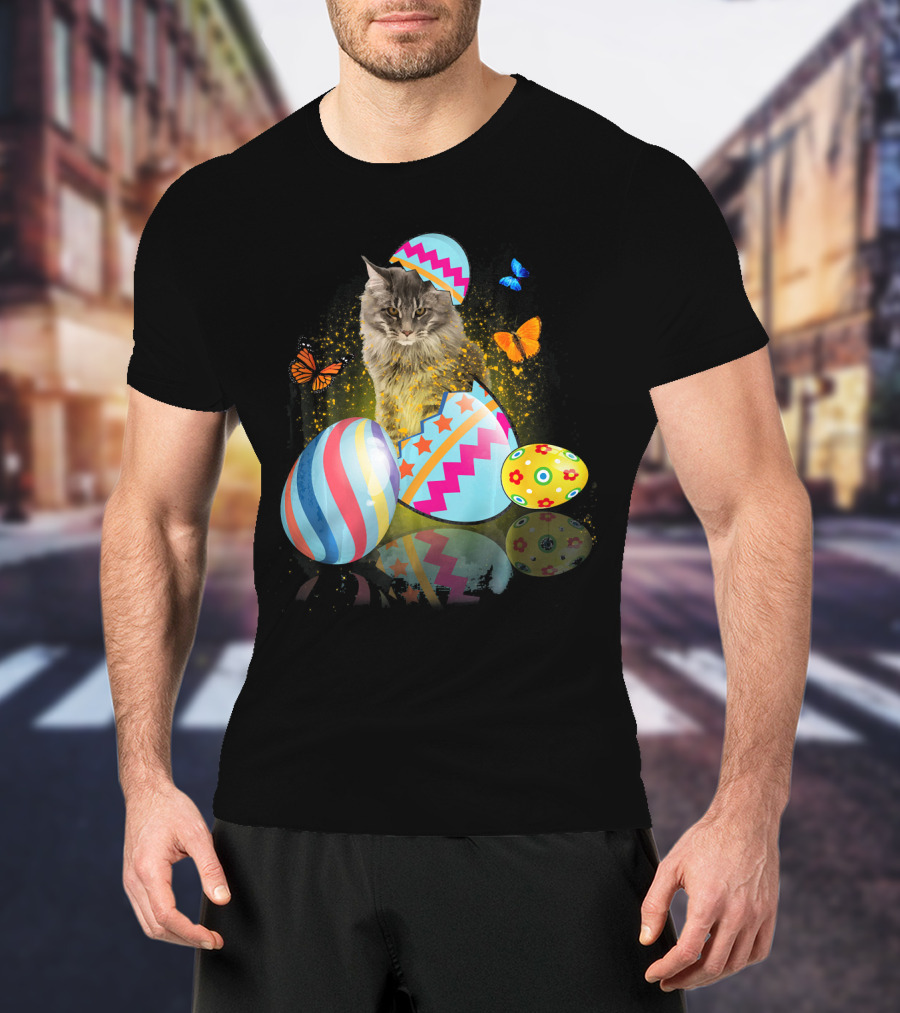 Funny Cat With Colorful Easter Eggs And Butterflies For Cat Lovers T-Shirt