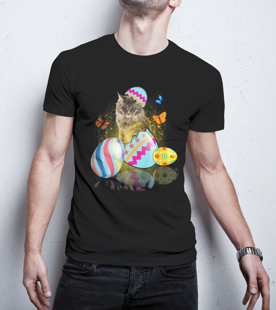 Funny Cat With Colorful Easter Eggs And Butterflies For Cat Lovers T-Shirt