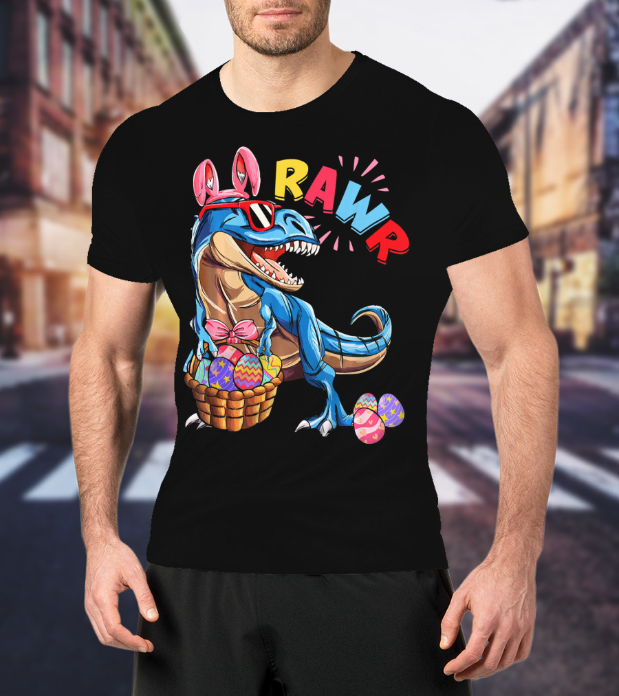 Dinosaur Easter Bunny Rex Rawr With Eggs And Basket T-Shirt
